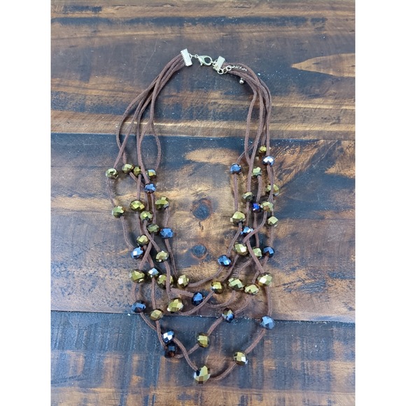 Macys Necklace & Earring Set, Leather Cord Multiple Strands, Beaded Gold & Brown - Picture 4 of 7